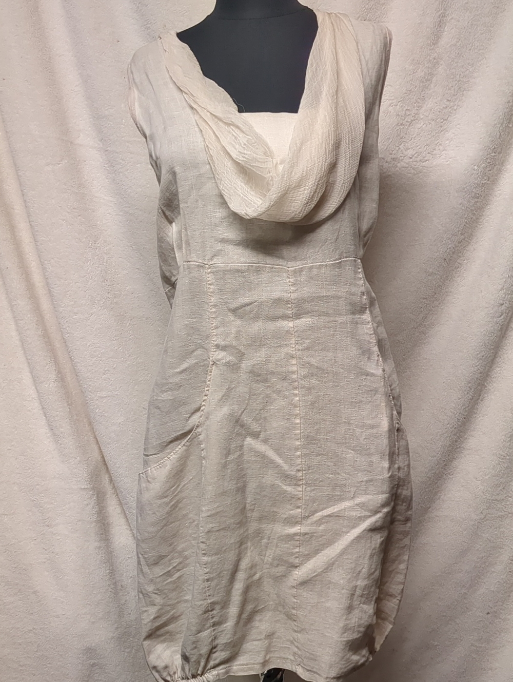 Light Cream Sleeveless Linen Blend Dress with Draped Neck